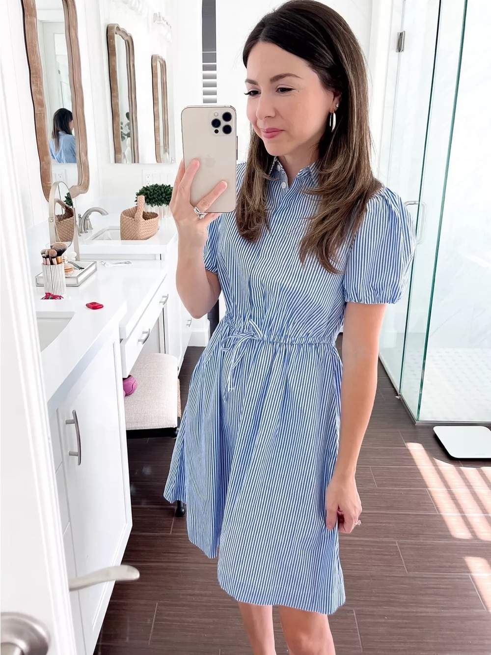 J. Crew Blue and White Striped Midi Shirt Dress